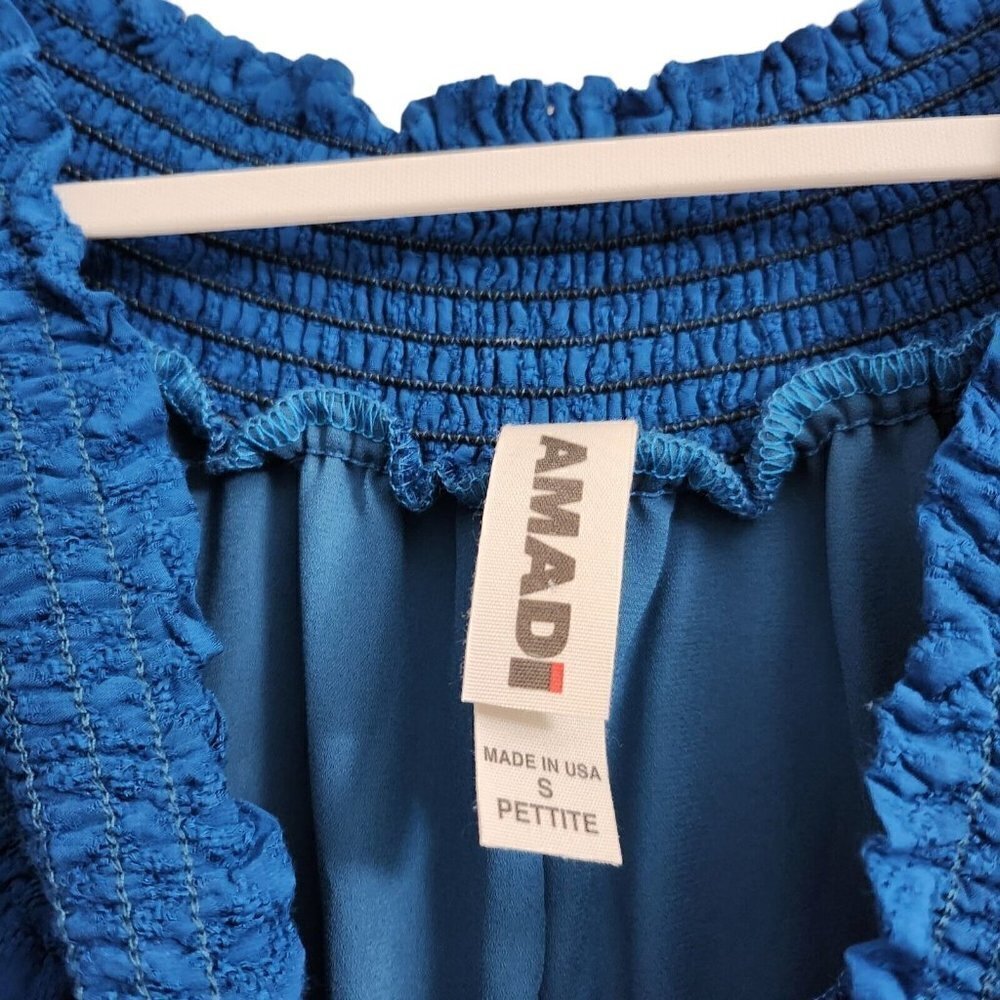 Anthropologie Amadi Mini Robe Dress Small Petite Blue SP Off The Shoulder Ruched - Picture 5 of 11